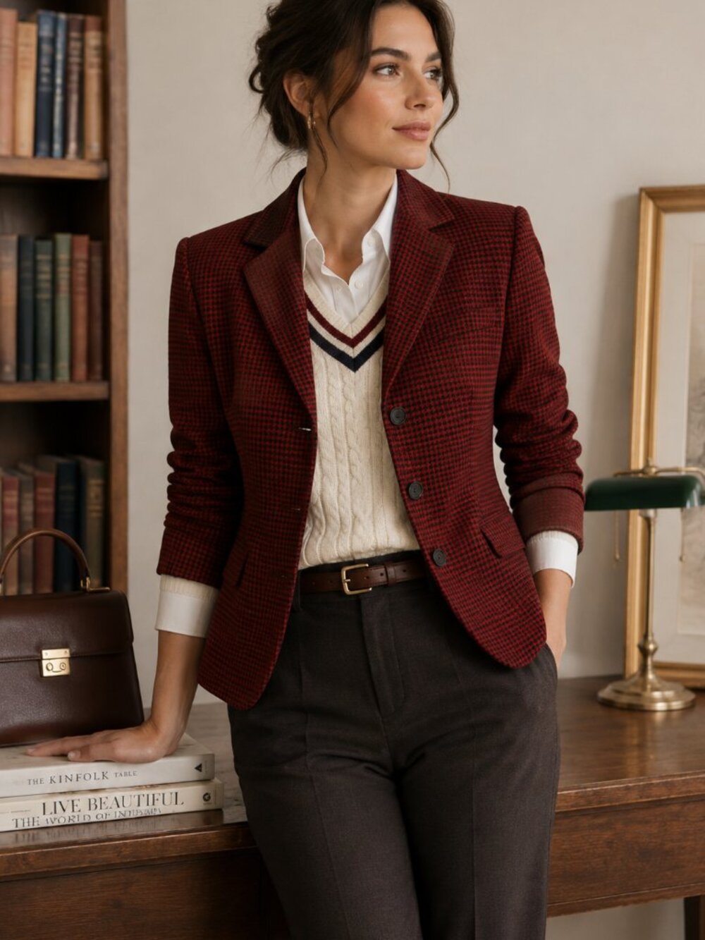 Y2K MICHAEL Michael Kors Red Black Houndstooth Tailored Blazer Size 4